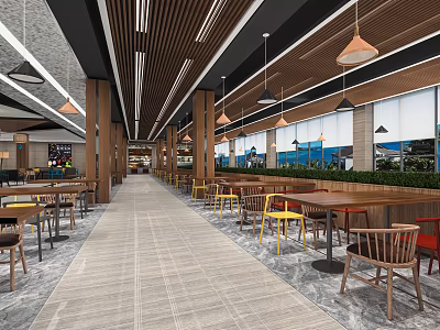 Modern Restaurant Interior With Colorful Chairs Wooden Tables And Pendant Lights 3d model