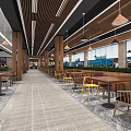 Modern Restaurant Interior With Colorful Chairs Wooden Tables And Pendant Lights