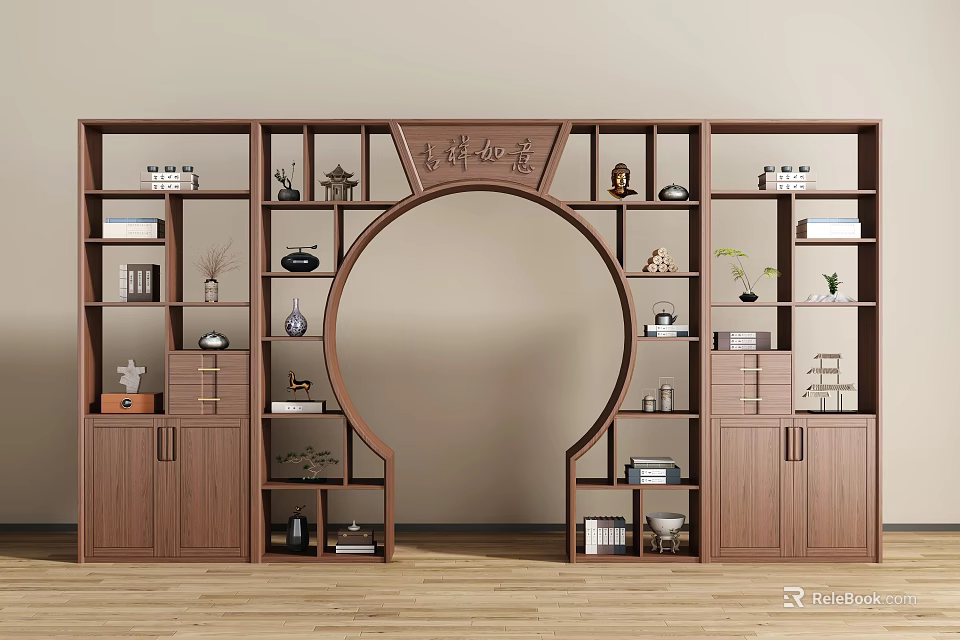 Traditional Chinese Style Bogu Shelf with Circular Archway Calligraphy and Decorative Ornaments 3d model 