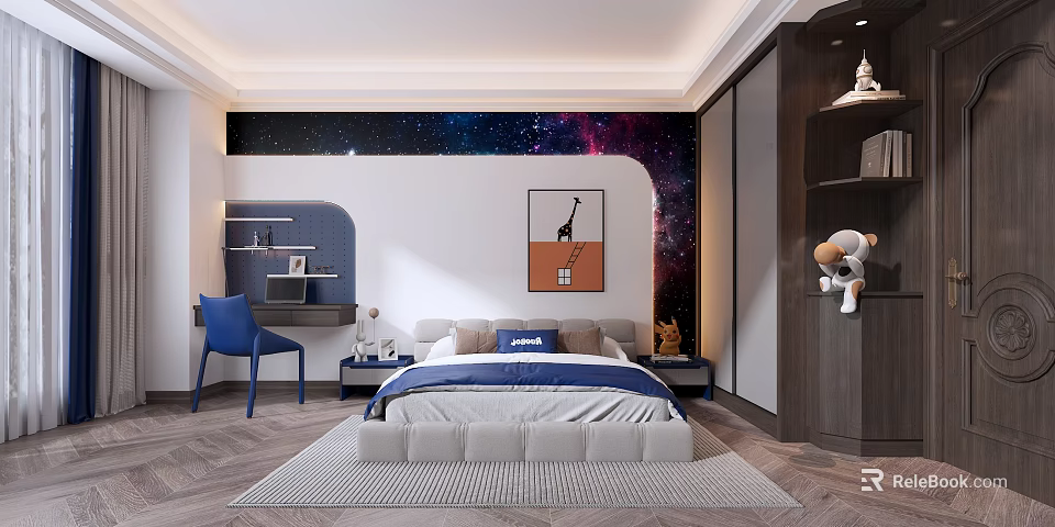 Starry Sky Themed Kids Room With Bed Blue Desk Chair Giraffe Painting And Stuffed Toy 3d model 