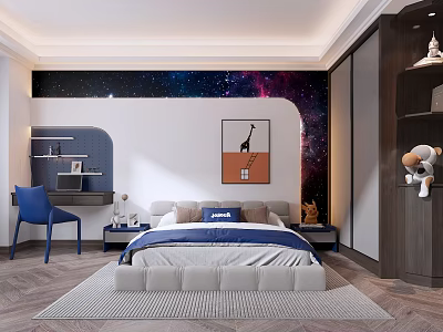 Starry Sky Themed Kids Room With Bed Blue Desk Chair Giraffe Painting And Stuffed Toy 3d model