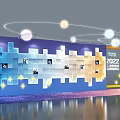 2022 Asia International Summit Display Wall With Blue Background Square Panels And Circular Light Rings