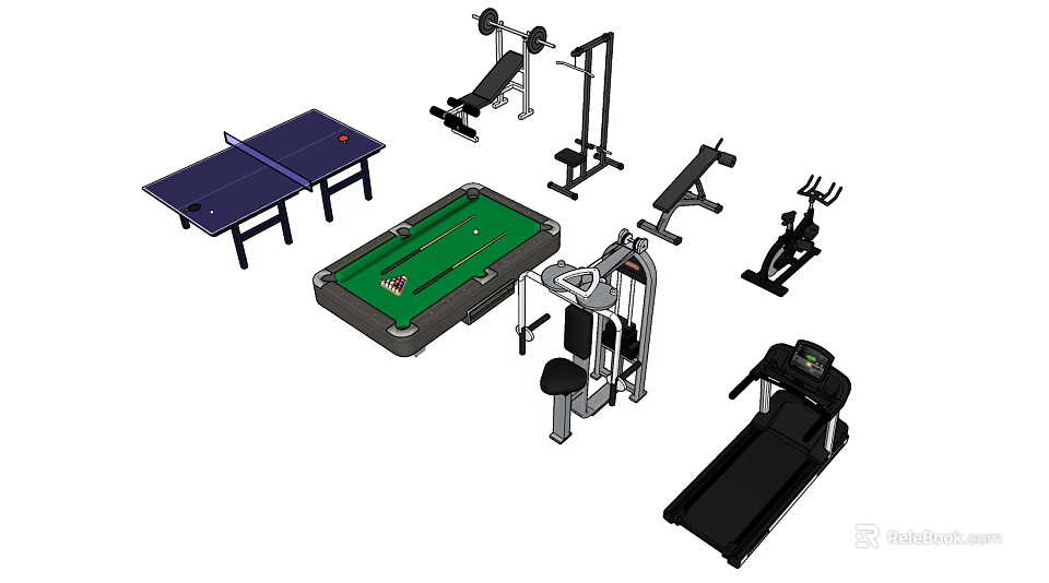 Sports Fitness Equipment With Treadmill Table Tennis And Billiards Table 3d model 