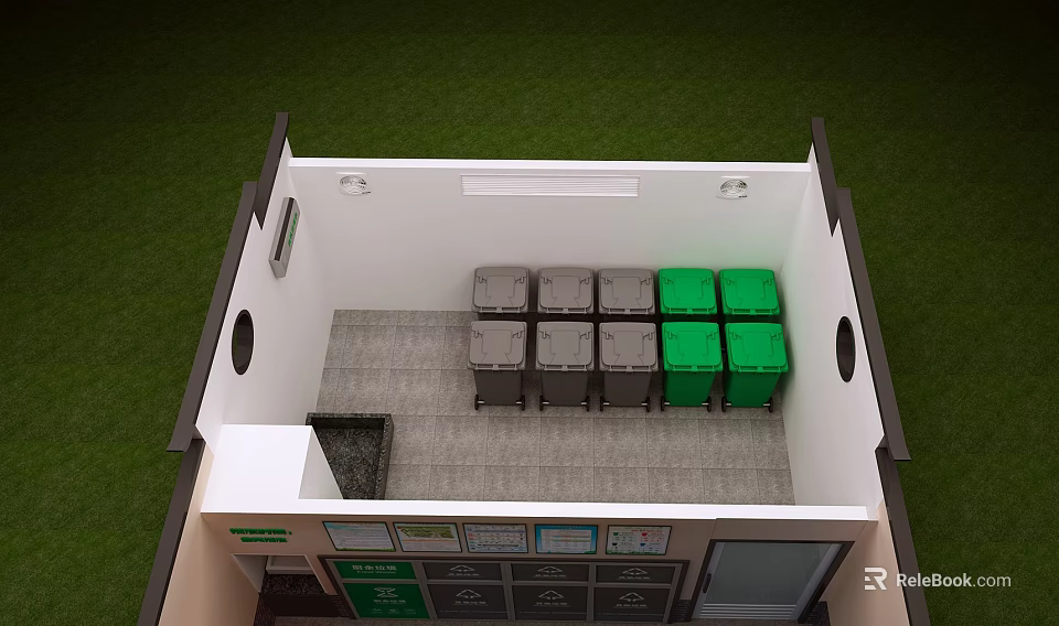 Indoor Waste Classification Facility With Gray And Green Trash Bins And Signs 3d model 