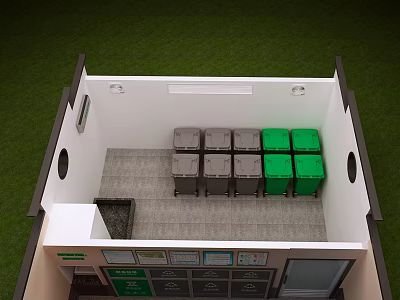 Indoor Waste Classification Facility With Gray And Green Trash Bins And Signs 3d model