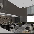 Modern Lounge Area Featuring Large Windows Wooden Decor Sofas Tables Chairs And Green Plants