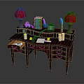 Vintage Wooden Desk With Red Table Lamps Books Purple Decor Calculator And Papers