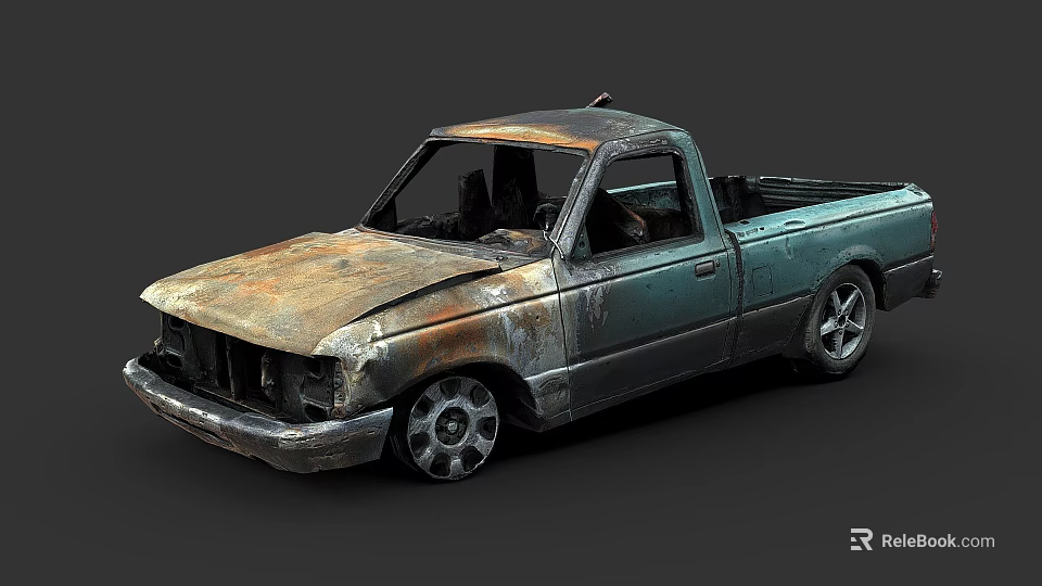 Old Rusty Teal Single Cab Truck With Damaged Body And Custom Wheels 3d model 