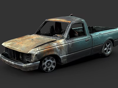 Old Rusty Teal Single Cab Truck With Damaged Body And Custom Wheels 3d model