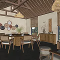 Natural Style Private Dining Room Interior With Wooden Beams Thatched Roof And Circular Decorative Plates