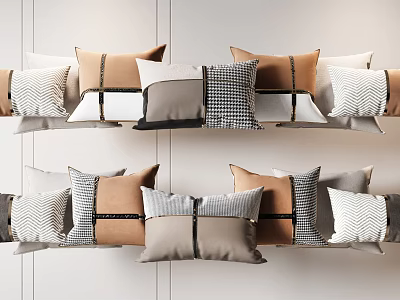 Modern Decorative Pillows In Brown Gray White With Checkered Striped Patterns And Fabric Wall 3d model