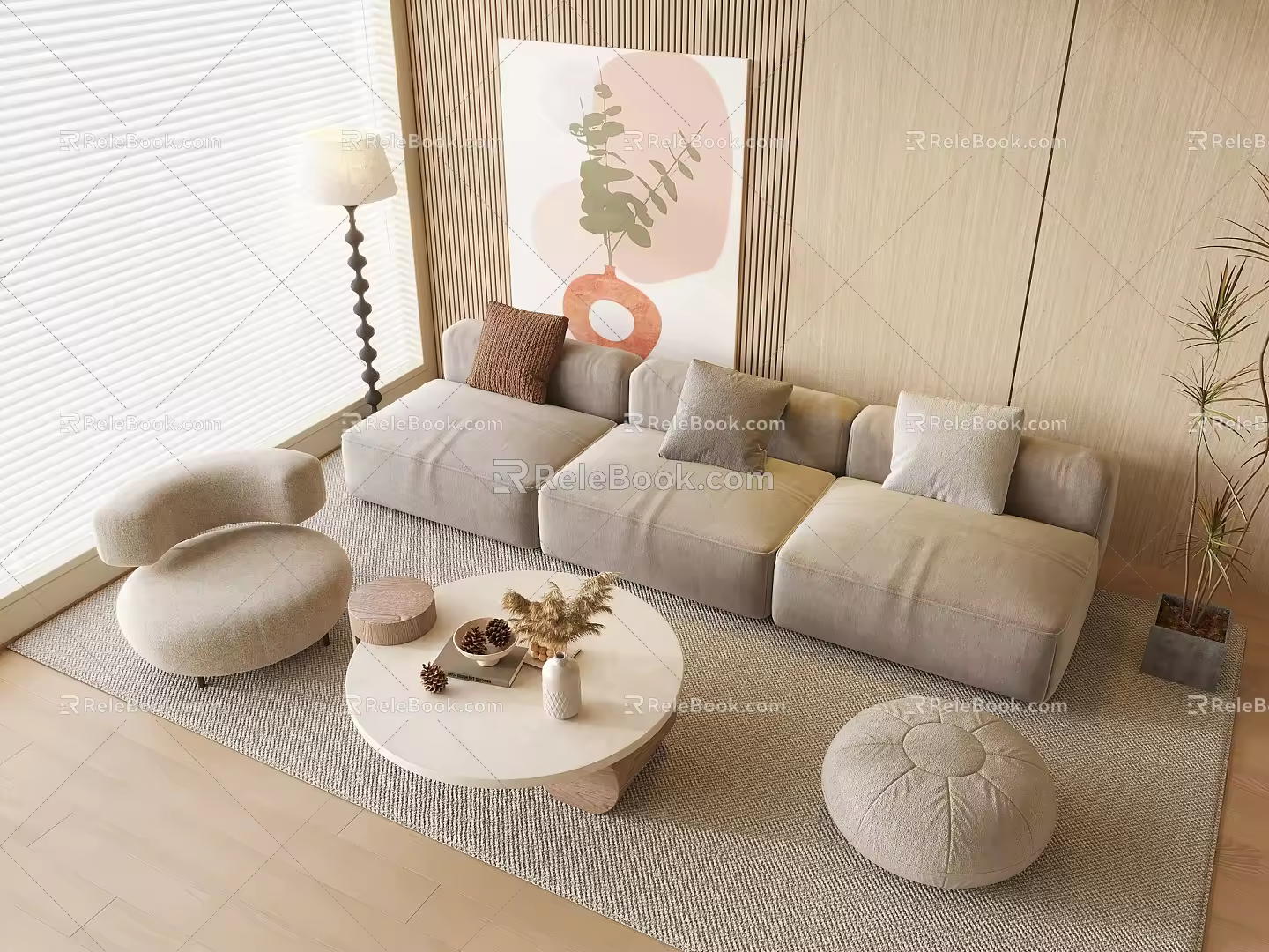 Modern Cream Style Three-seater Sofa Casual Lazy Sofa Blinds Curtain Round Table Coffee Table Decorative Painting Wood Finish Grille Background Cream Three-seater Sofa 3d model