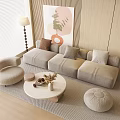 Modern Cream Style Three-seater Sofa Casual Lazy Sofa Blinds Curtain Round Table Coffee Table Decorative Painting Wood Finish Grille Background Cream Three-seater Sofa 3d model