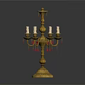 Decorative Brass Candelabra With Multiple Arms White Candles And Crystal Pendants