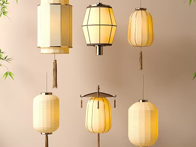 Hanging Decorative Lanterns Featuring Various Styles Fabric Shades And Tassel Details 3d model