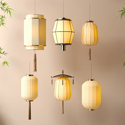 Hanging Decorative Lanterns Featuring Various Styles Fabric Shades And Tassel Details 3d model