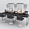 Black Dressing Table With Double Mirrors Cosmetics And High Stools 3d model
