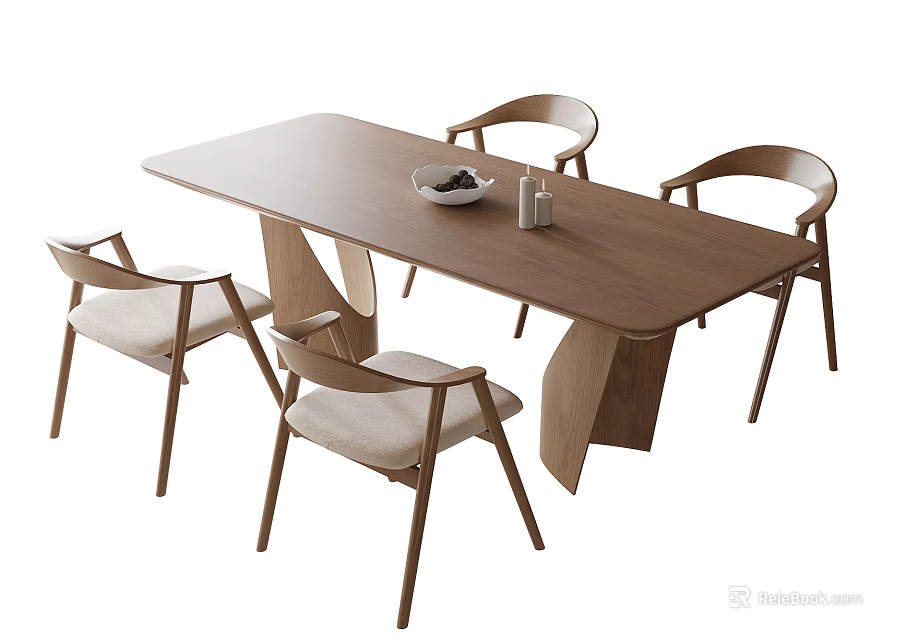 Modern Dining Chairs with Wooden Frame Light Upholstered Seats and Rectangular Dining Table 3d model 
