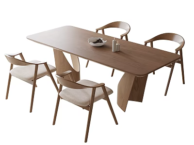 Modern Dining Chairs with Wooden Frame Light Upholstered Seats and Rectangular Dining Table 3d model