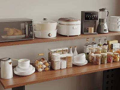 Spice Jars On Kitchen Shelf With Various Cookware 3d model
