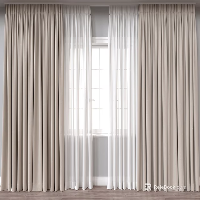 Elegant Beige Curtains With White Sheer Layers For Window Interior Design 3d model 