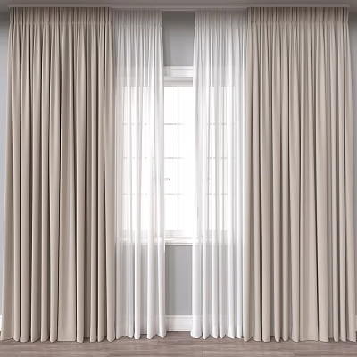 Elegant Beige Curtains With White Sheer Layers For Window Interior Design 3d model