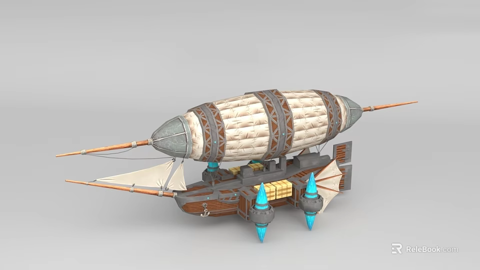 3D Model Airship With White Brown Airbag Wooden Structure Blue Propellers And Yellow Crates 3d model 