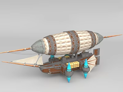 3D Model Airship With White Brown Airbag Wooden Structure Blue Propellers And Yellow Crates 3d model