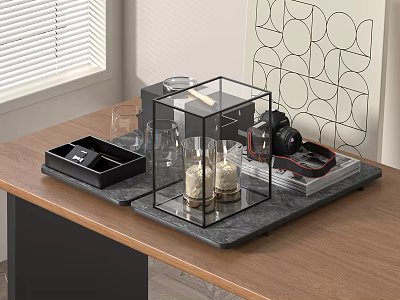 Decorative Ornament Set With Transparent Glass Case Candles Camera Black Tray Wooden Tabletop Geometric Pattern 3d model