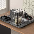Decorative Ornament Set With Transparent Glass Case Candles Camera Black Tray Wooden Tabletop Geometric Pattern