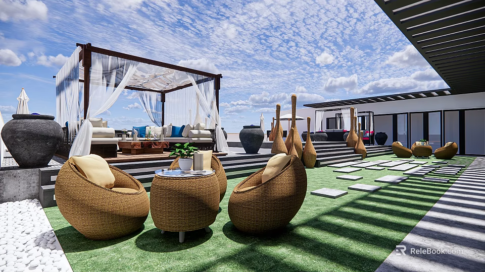 Relaxing Rooftop Garden Featuring Wicker Chairs Gazebo With White Curtains Green Lawn And Stone Pathways 3d model 