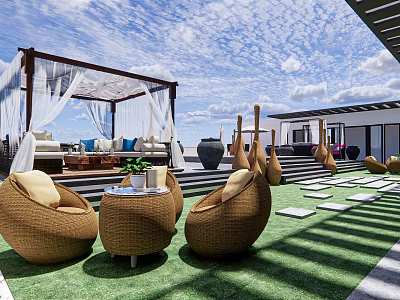 Relaxing Rooftop Garden Featuring Wicker Chairs Gazebo With White Curtains Green Lawn And Stone Pathways 3d model