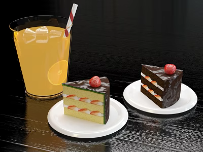 Strawberry Topped Cake Slices and Refreshing Orange Drink with Lemon Slice Ice Cubes on White Plates 3d model