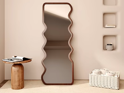 Wavy Wooden Frame Mirror In Modern Interior Featuring Small Table Magazines Wicker Basket Wall Niches 3d model