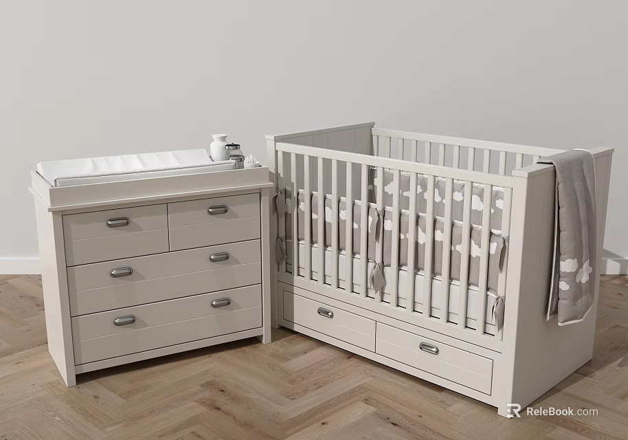 Modern Baby Crib With Matching Changing Table And Storage Drawers For Nursery 3d model 