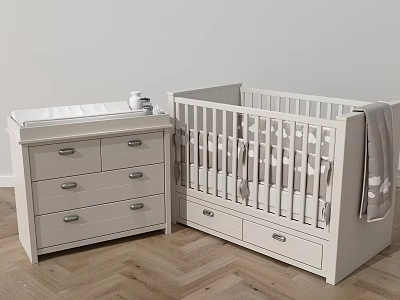Modern Baby Crib With Matching Changing Table And Storage Drawers For Nursery 3d model