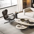 Modern White Sofa And Round Coffee Table Set With Wooden Stools And Floor Lamp