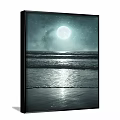 Starry Night Landscape Painting With Full Moon And Ocean Waves Moonlight Reflection On Beach Shore
