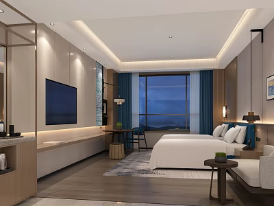 Modern Hotel Room Interior With King Bed Large TV And Scenic Window View 3d model