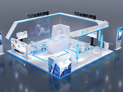 Modern Exhibition Booth With Sleek White Design And Blue Accent Lines 3d model