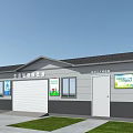 Single Story Community Service Station Building With Gray White Walls Dark Roof And Lawn