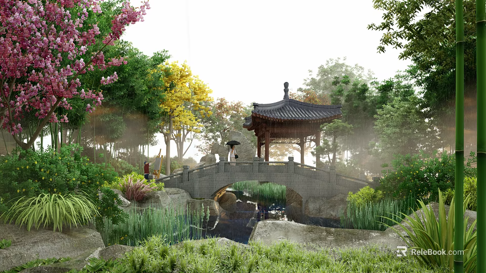Rockery Stones In Traditional Garden With Stone Bridge Wooden Pavilion Pond And Lush Greenery 3d model 