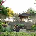 Rockery Stones In Traditional Garden With Stone Bridge Wooden Pavilion Pond And Lush Greenery
