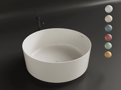 Modern White Freestanding Round Bathtub With Colorful Decorative Spheres On Dark Bathroom Surface 3d model