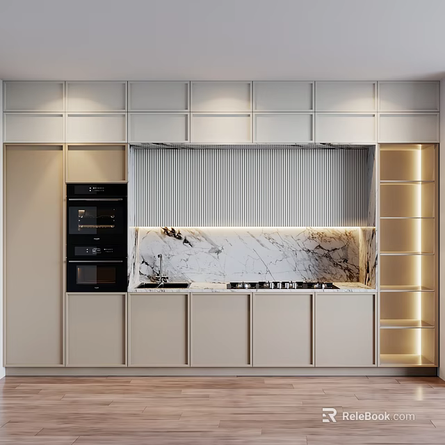 Modern Kitchen Interior Featuring Light Colored Cabinets Marble Countertop Integrated Oven And Lighting Strips 3d model