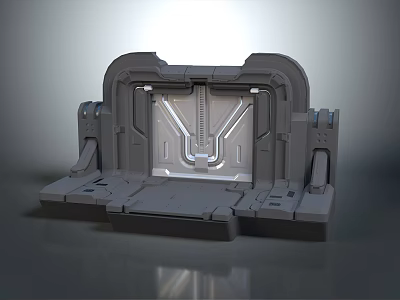 Futuristic Mechanical Structure Featuring Grey Metallic Design Central Panel Side Brackets And Base Platform 3d model