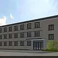 Modern Office Building Exterior With Light Beige Facade Black Window Frames And Green Shrubs