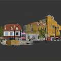 Vibrant Cartoon Scene With Colorful Houses Red Roofs Green Trees Blue Pond And Red Car
