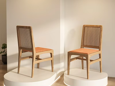 Modern Dining Chairs With Wooden Frame Rattan Backrest And Orange Cushion On White Display Stand 3d model