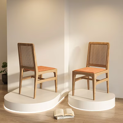 Modern Dining Chairs With Wooden Frame Rattan Backrest And Orange Cushion On White Display Stand 3d model